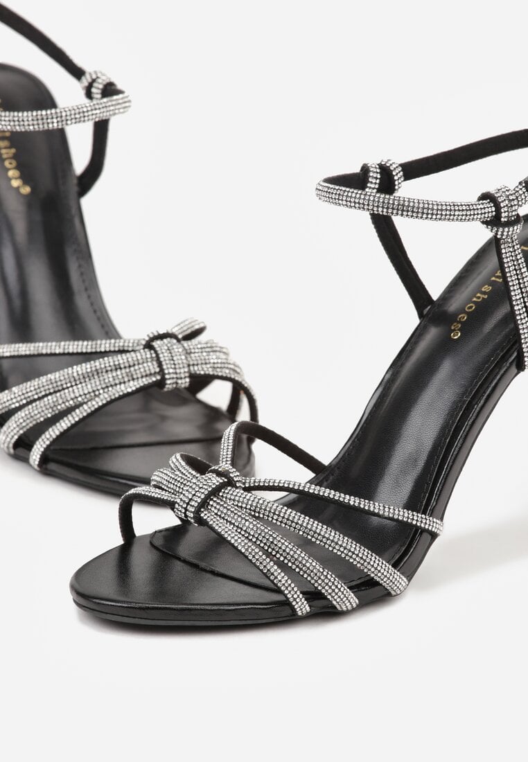 Czarne Sandały na Szpilce z Przeplatanymi Paskami z Cyrkoniami Lunafera