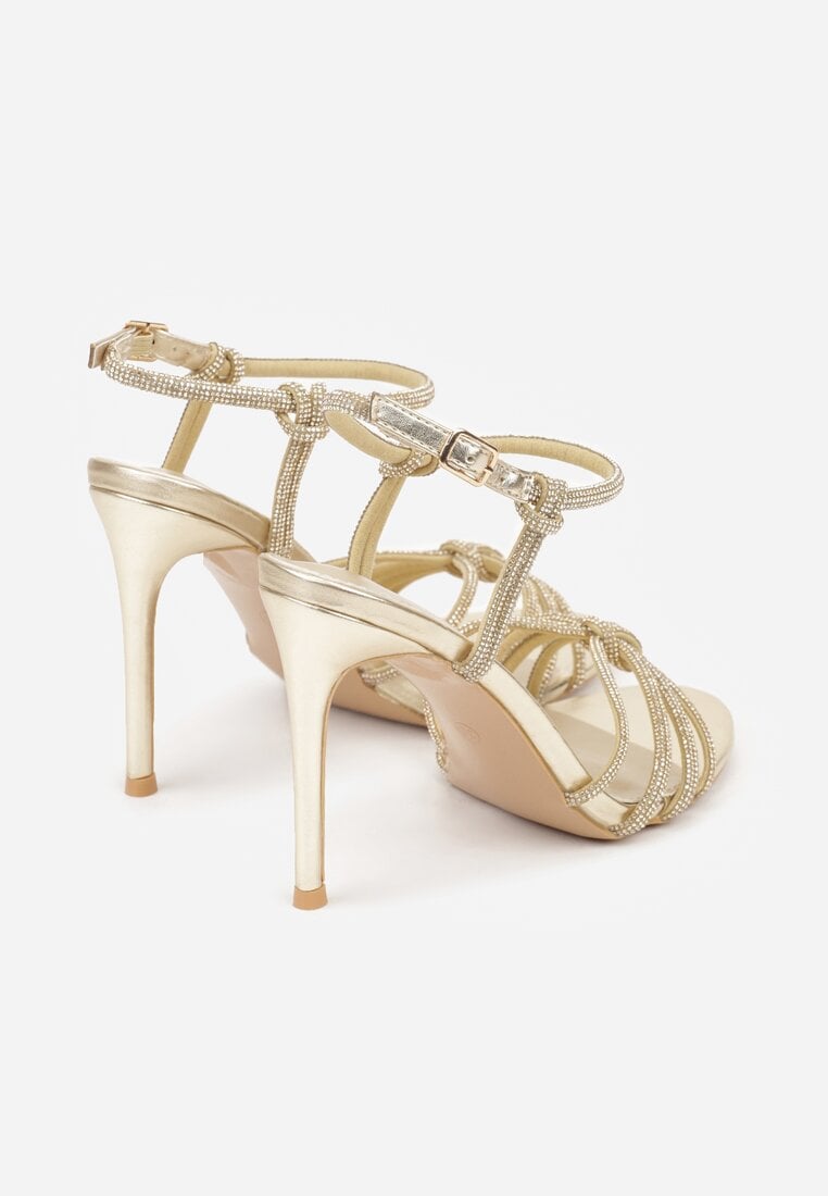 Złote Sandały na Szpilce z Przeplatanymi Paskami z Cyrkoniami Lunafera