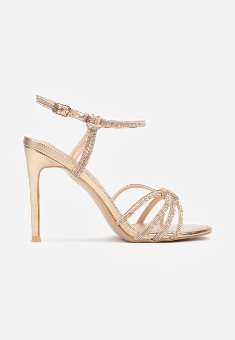 Szampańskie Sandały na Szpilce z Przeplatanymi Paskami z Cyrkoniami Lunafera