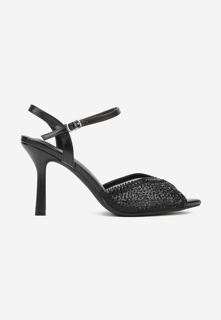 Czarne Eleganckie Sandały na Szpilce Ozdobione Cyrkoniami  Viofera