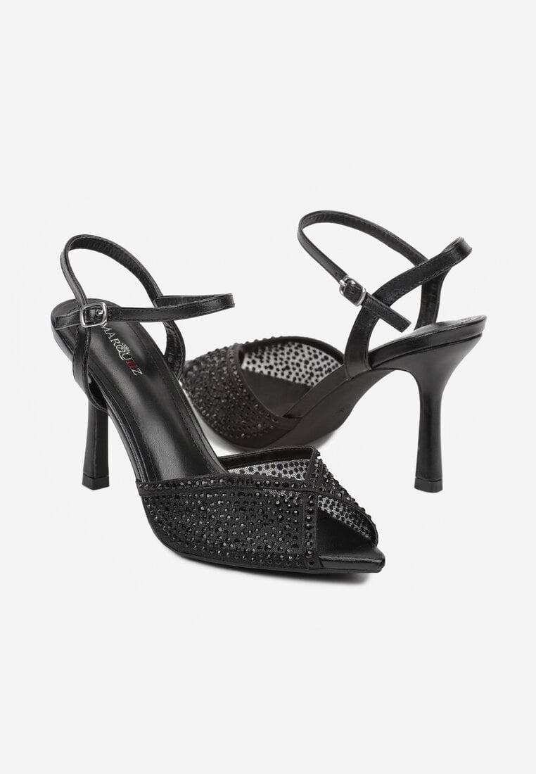 Czarne Eleganckie Sandały na Szpilce Ozdobione Cyrkoniami  Viofera