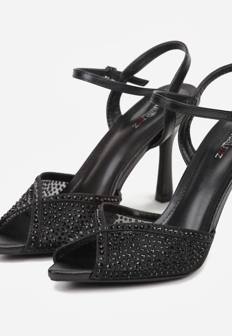 Czarne Eleganckie Sandały na Szpilce Ozdobione Cyrkoniami  Viofera