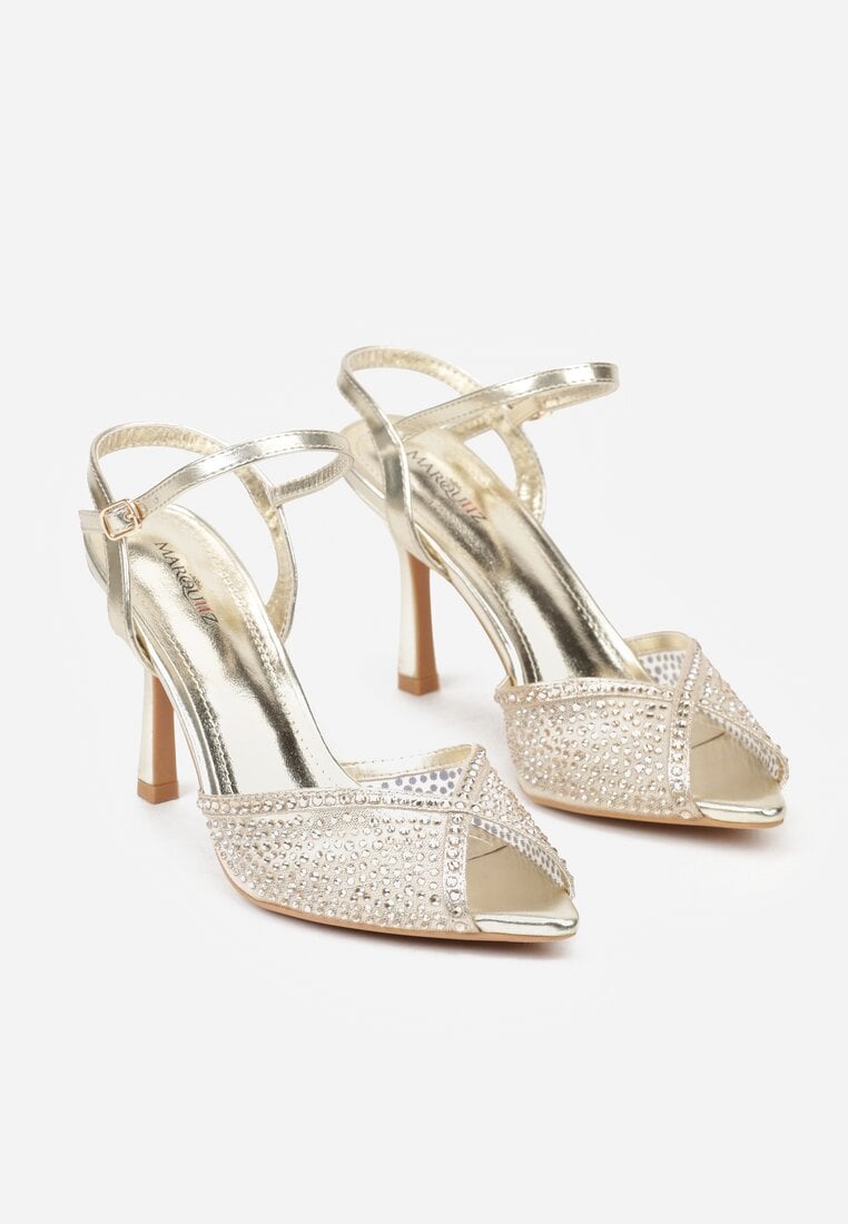 Złote Eleganckie Sandały na Szpilce Ozdobione Cyrkoniami  Viofera