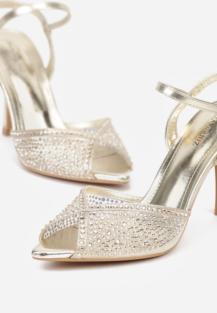 Złote Eleganckie Sandały na Szpilce Ozdobione Cyrkoniami  Viofera