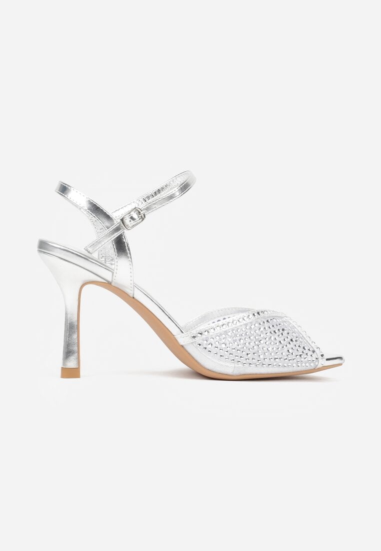 Srebrne Eleganckie Sandały na Szpilce Ozdobione Cyrkoniami  Viofera