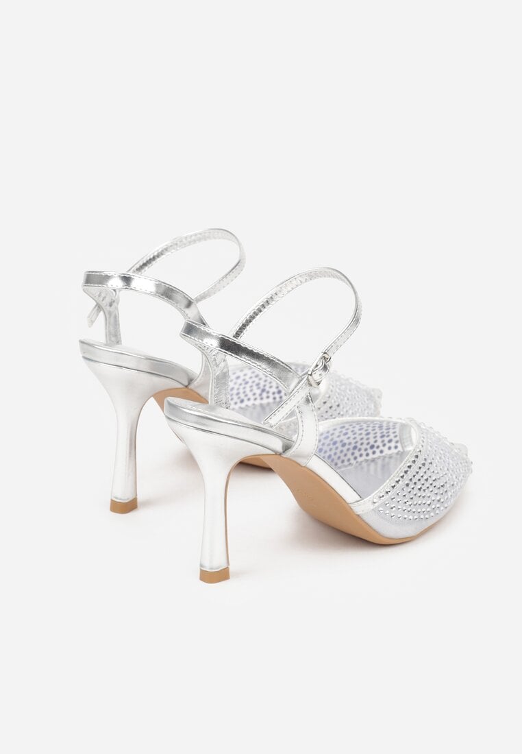Srebrne Eleganckie Sandały na Szpilce Ozdobione Cyrkoniami  Viofera