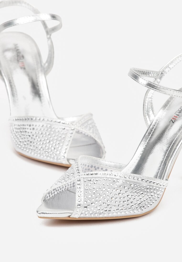 Srebrne Eleganckie Sandały na Szpilce Ozdobione Cyrkoniami  Viofera