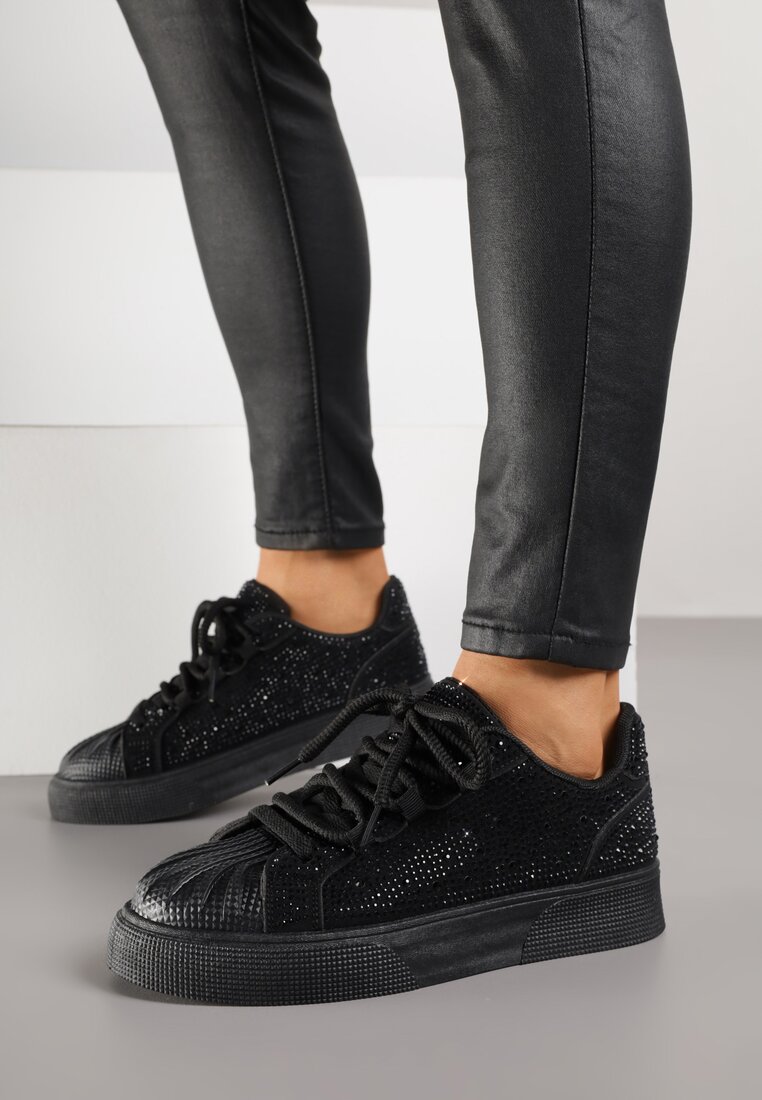 Czarne Cyrkoniowe Sneakersy Zdobione Marszczeniem na Nosku Westafera