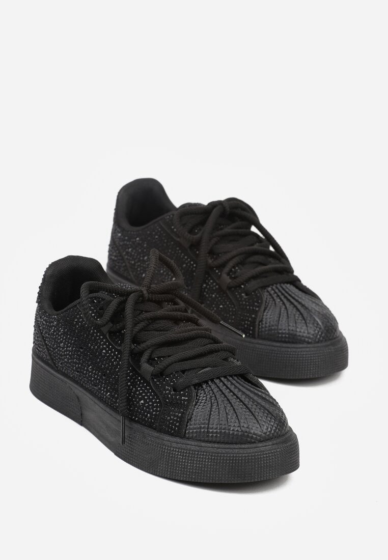 Czarne Cyrkoniowe Sneakersy Zdobione Marszczeniem na Nosku Westafera