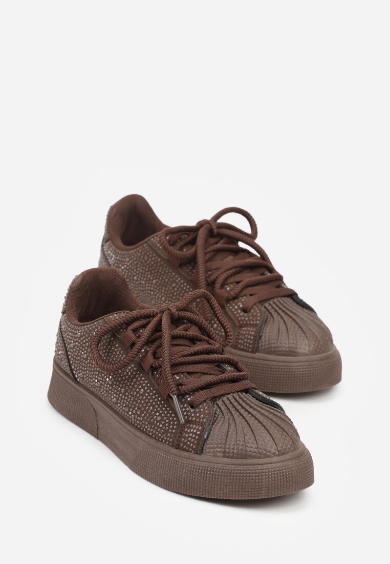 Brązowe Cyrkoniowe Sneakersy Zdobione Marszczeniem na Nosku Westafera