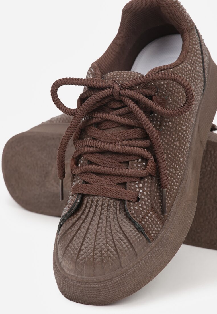 Brązowe Cyrkoniowe Sneakersy Zdobione Marszczeniem na Nosku Westafera