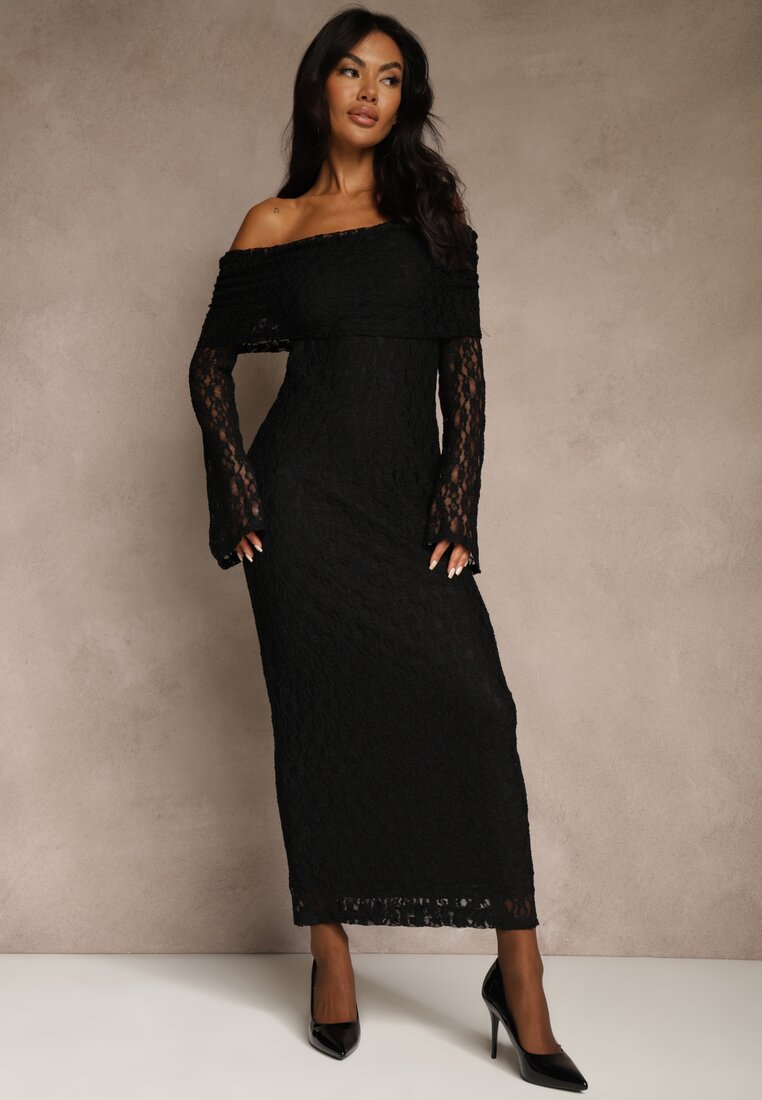 Czarna Koronkowa Sukienka Koktajlowa z Odkrytymi Ramionami Eperria