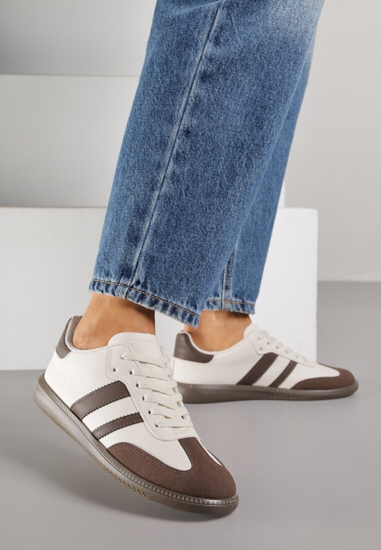 Beżowo-Brązowe Casualowe Sneakersy na Płaskiej Podeszwie z Paskami Jereria