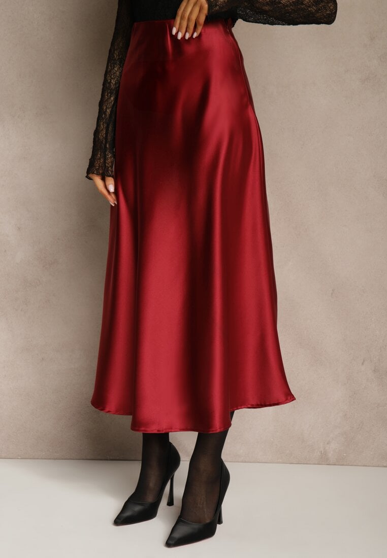 Bordowa Satynowa Midi Spódnica Rozkloszowana z Gumką w Pasie i Suwakiem Leose