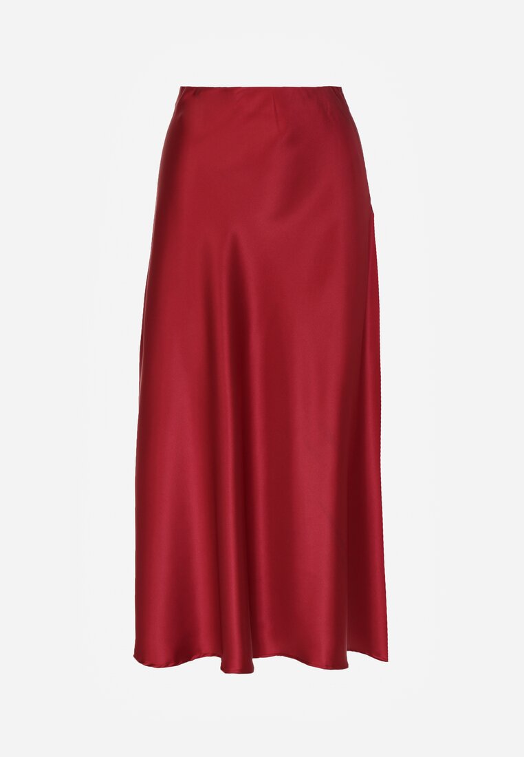 Bordowa Satynowa Midi Spódnica Rozkloszowana z Gumką w Pasie i Suwakiem Leose