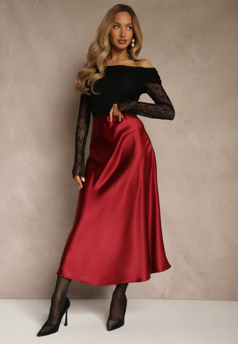 Bordowa Satynowa Midi Spódnica Rozkloszowana z Gumką w Pasie i Suwakiem Leose