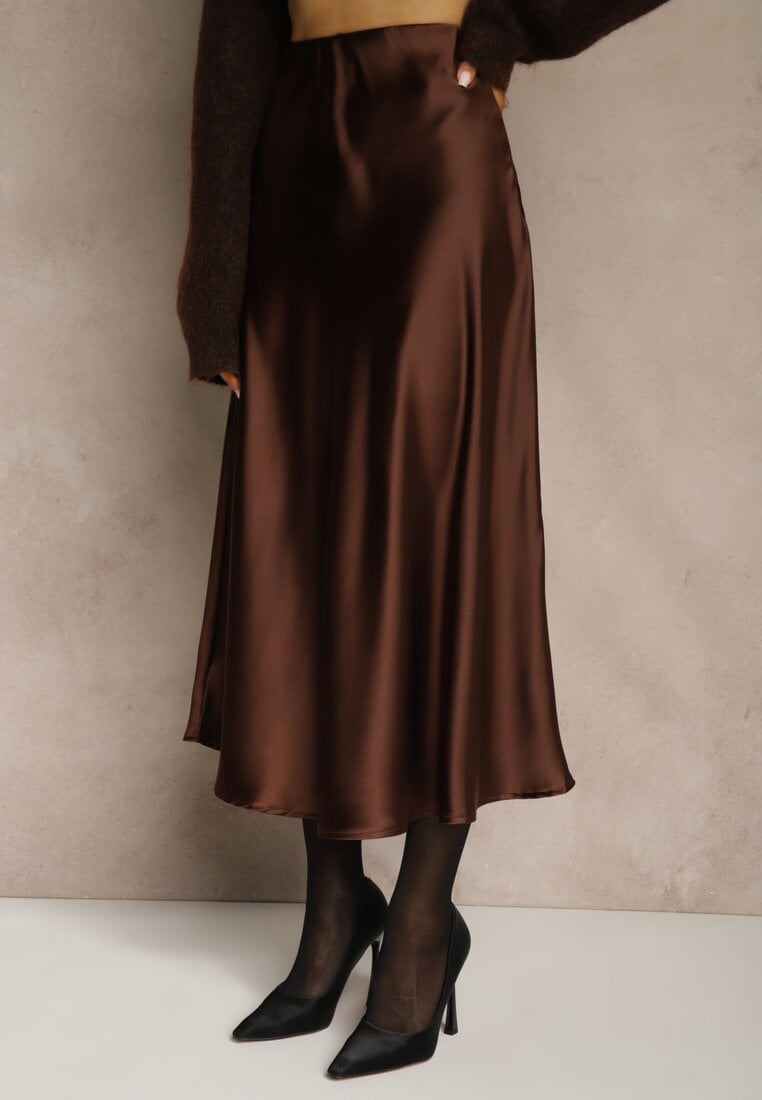 Brązowa Satynowa Midi Spódnica Rozkloszowana z Gumką w Pasie i Suwakiem Leose