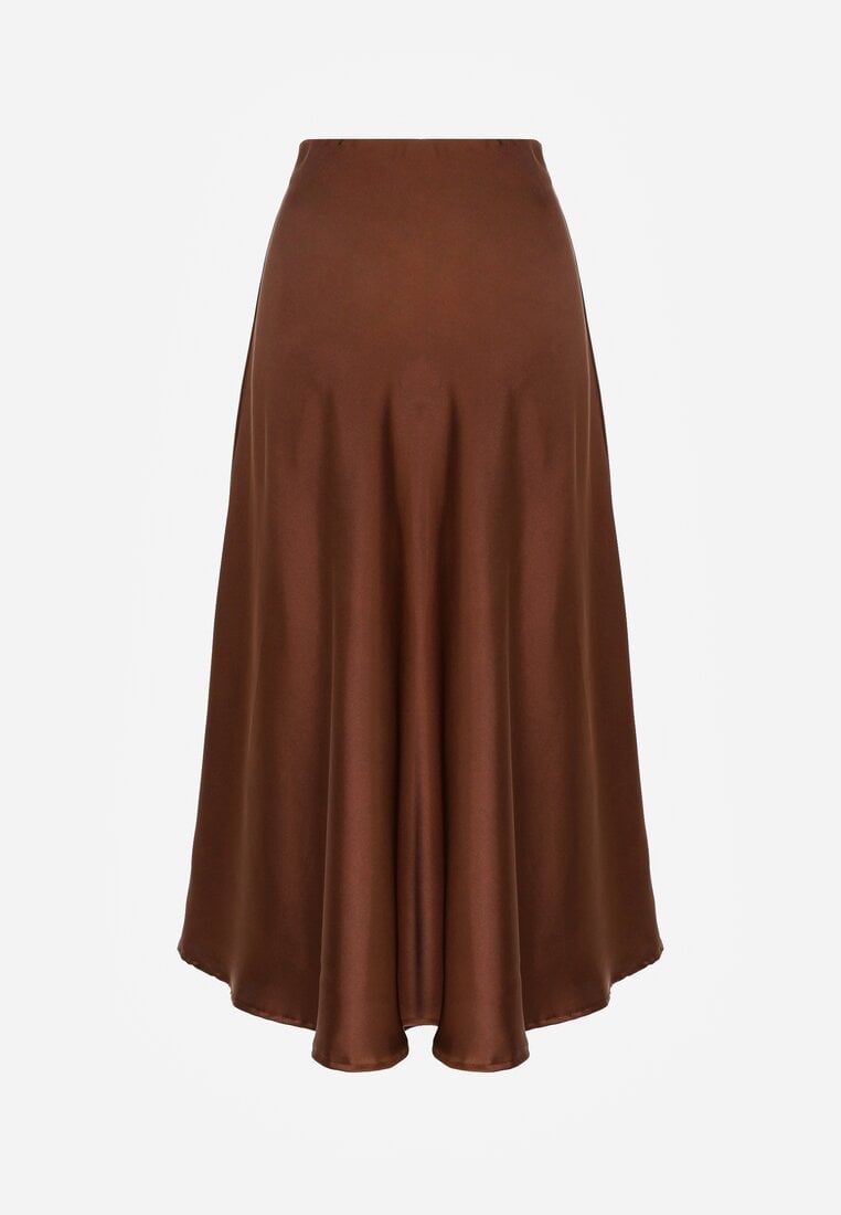 Brązowa Satynowa Midi Spódnica Rozkloszowana z Gumką w Pasie i Suwakiem Leose