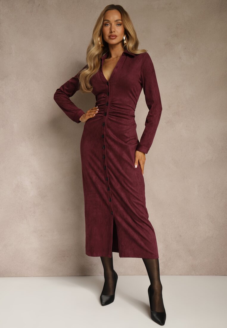 Bordowa Marszczona Sukienka z Imitacji Zamszu o Koszulowym Kroju Esora