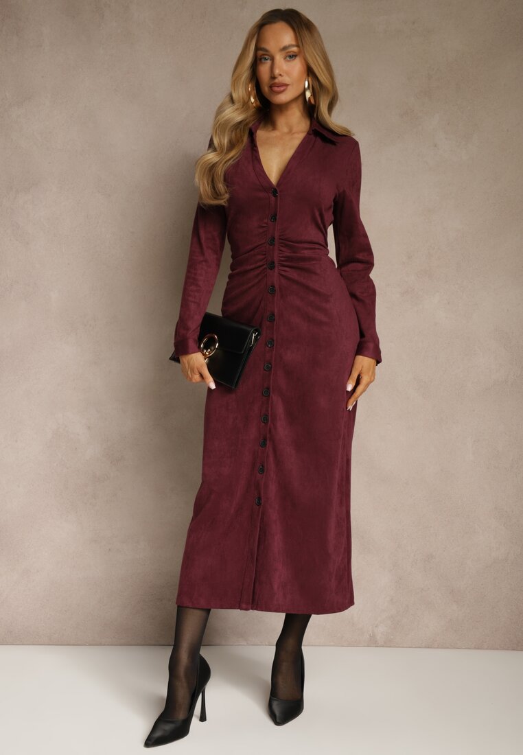Bordowa Marszczona Sukienka z Imitacji Zamszu o Koszulowym Kroju Esora