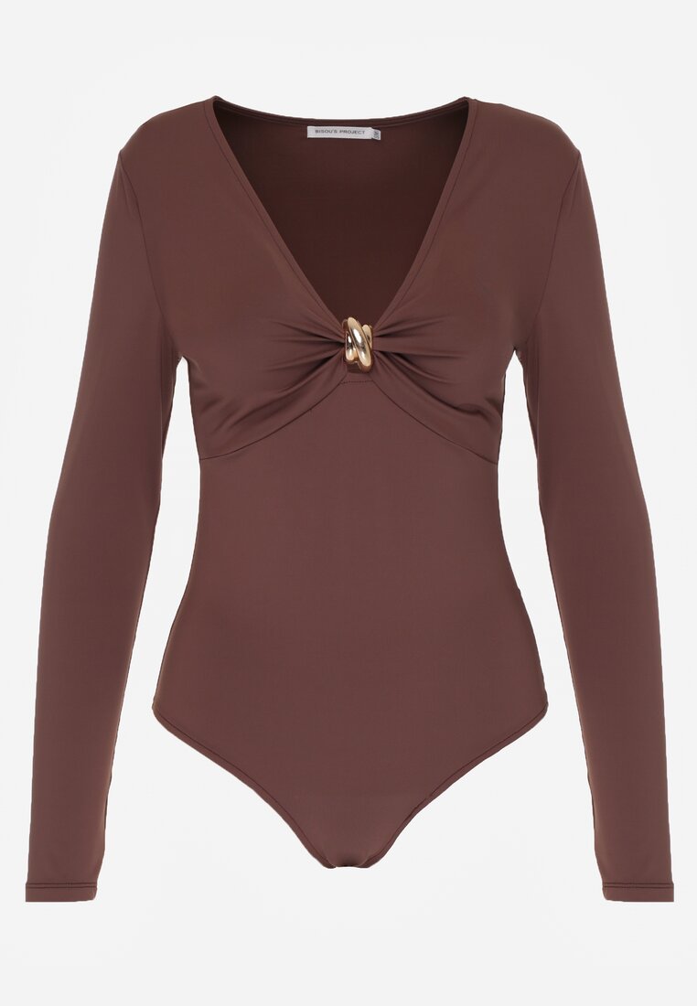 Brązowe Body z Marszczeniem i Metaliczną Ozdobą Feriana