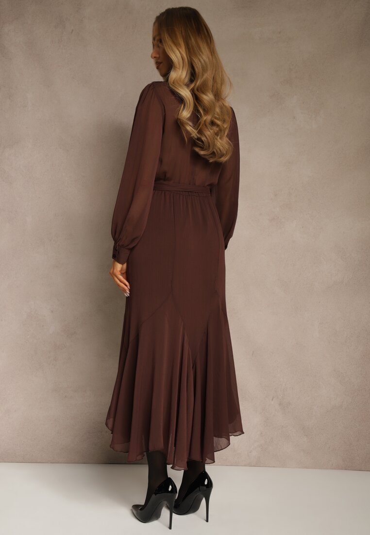 Brązowa Romantyczna Sukienka z Bufiastymi Rękawami i Falbanką z Koronki Sewmira