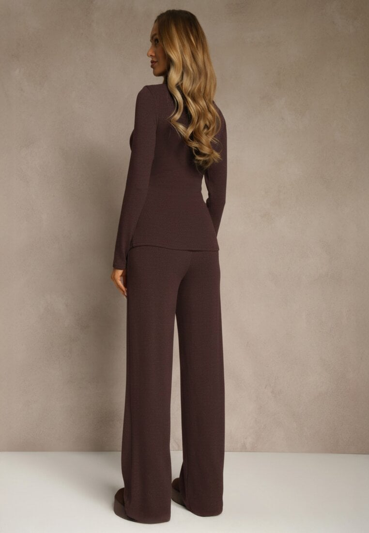 Brązowy Komplet z Bawełny Kopertowa Bluzka Longsleeve i Szerokie Spodnie Amaferia