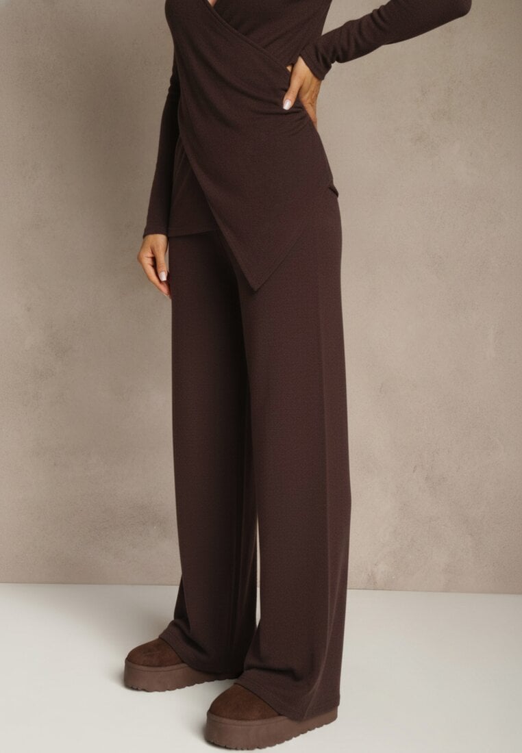 Brązowy Komplet z Bawełny Kopertowa Bluzka Longsleeve i Szerokie Spodnie Amaferia