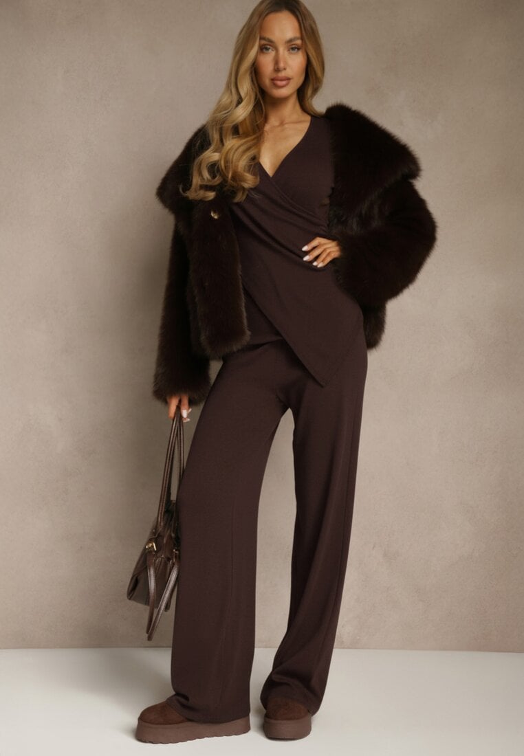 Brązowy Komplet z Bawełny Kopertowa Bluzka Longsleeve i Szerokie Spodnie Amaferia