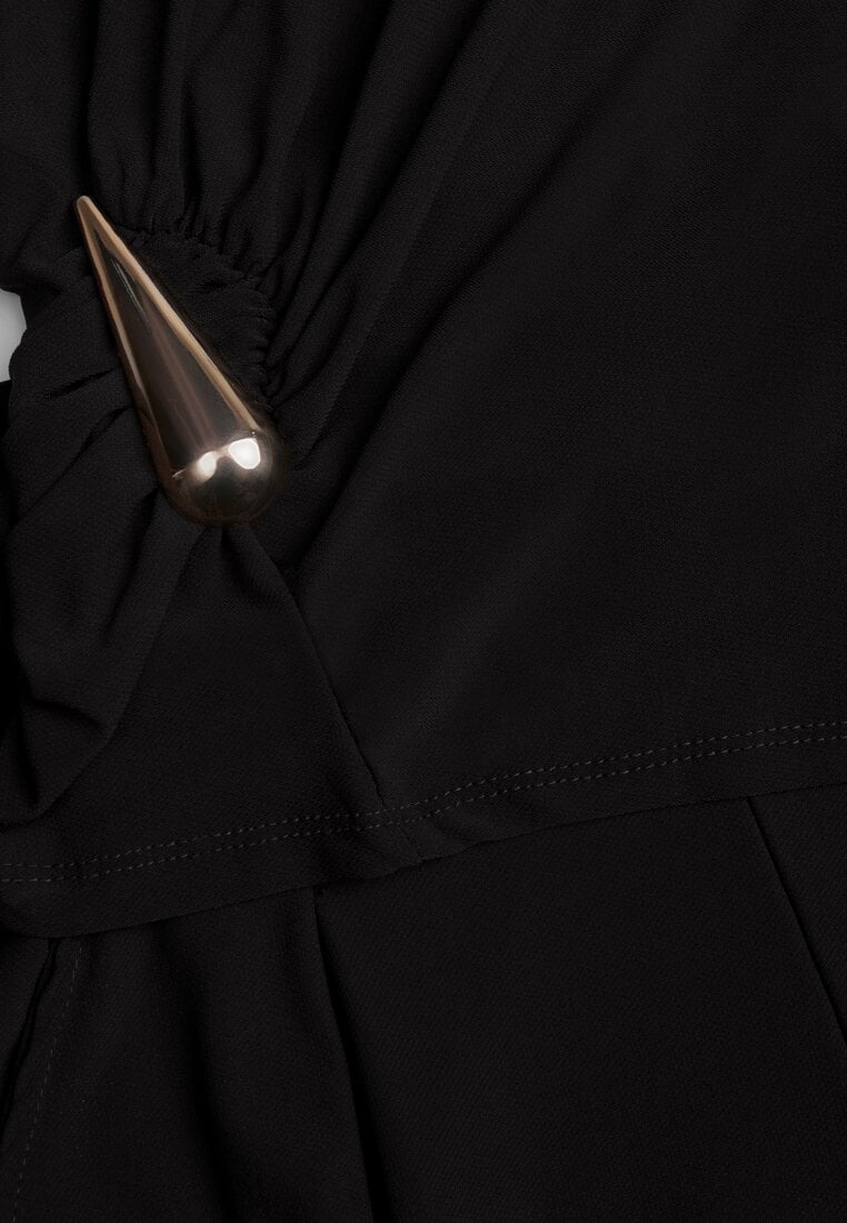 Czarny Elegancki Komplet Spodnie Wide Leg i Bluzka z Poduszkami w Ramionach Sewinea