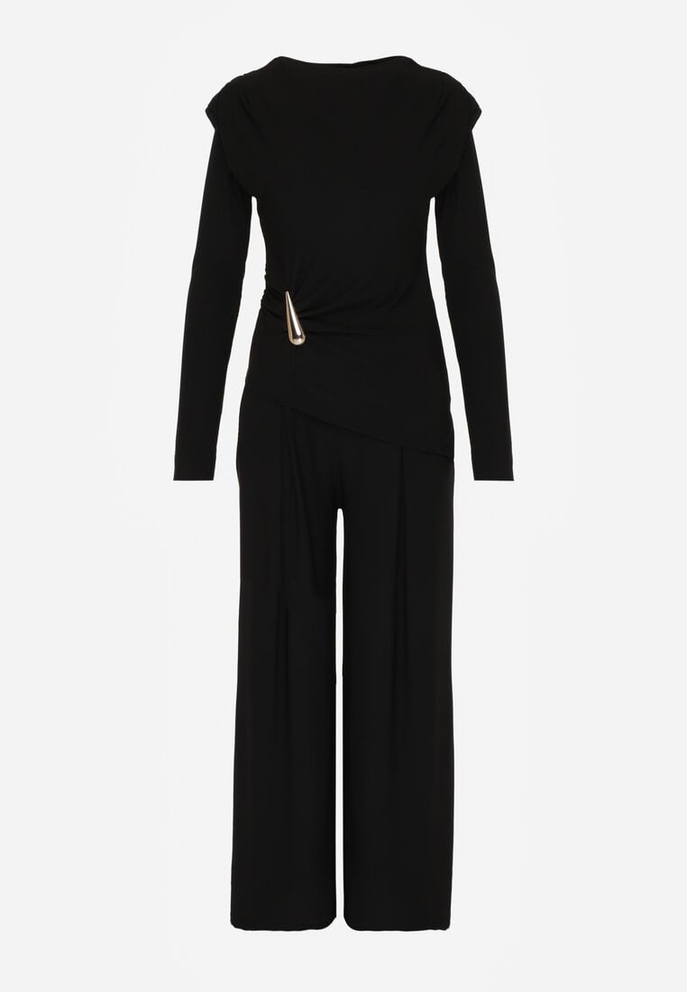 Czarny Elegancki Komplet Spodnie Wide Leg i Bluzka z Poduszkami w Ramionach Sewinea