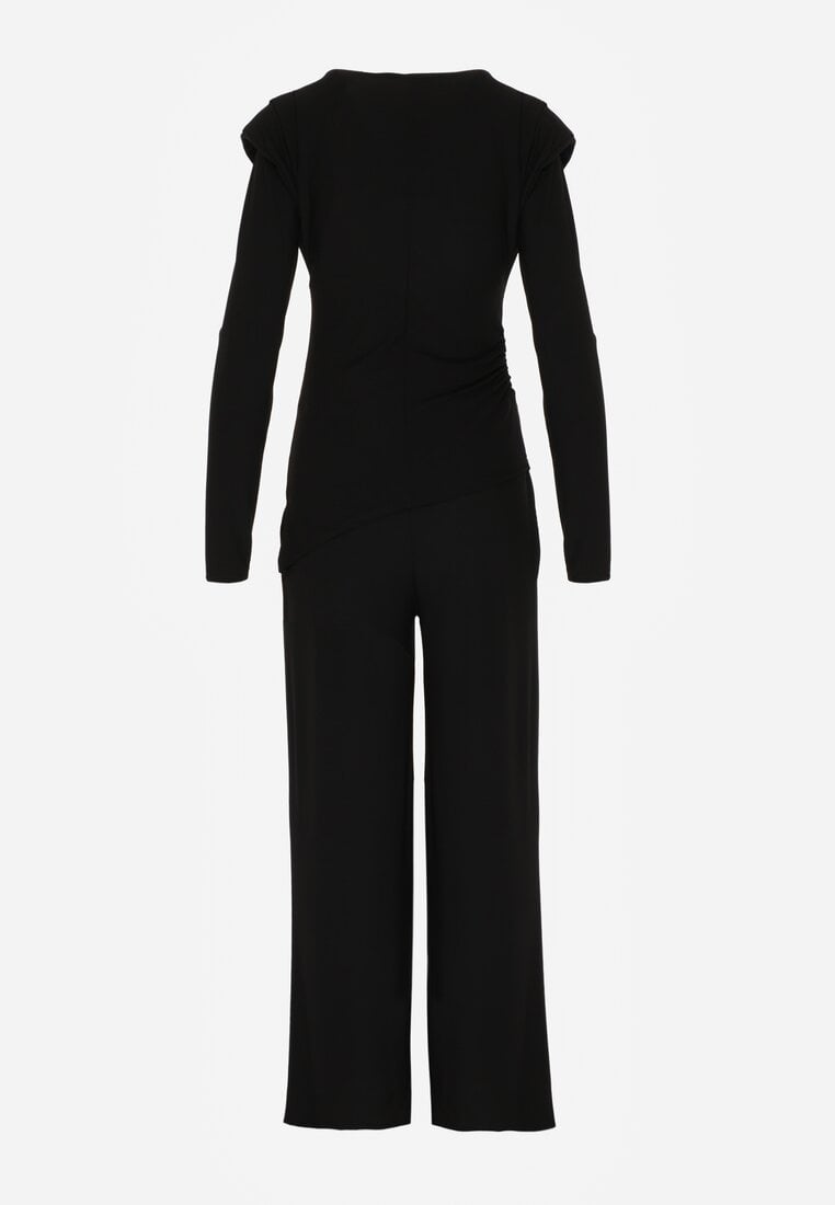 Czarny Elegancki Komplet Spodnie Wide Leg i Bluzka z Poduszkami w Ramionach Sewinea