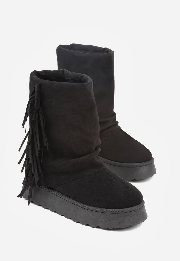 Czarne Botki Śniegowce z Wywiniętą Cholewką Zdobioną Frędzlami Sewela