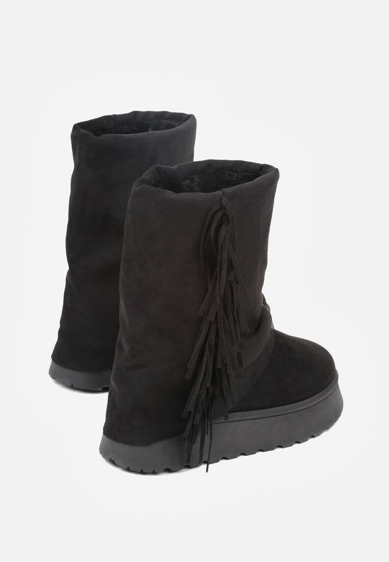 Czarne Botki Śniegowce z Wywiniętą Cholewką Zdobioną Frędzlami Sewela