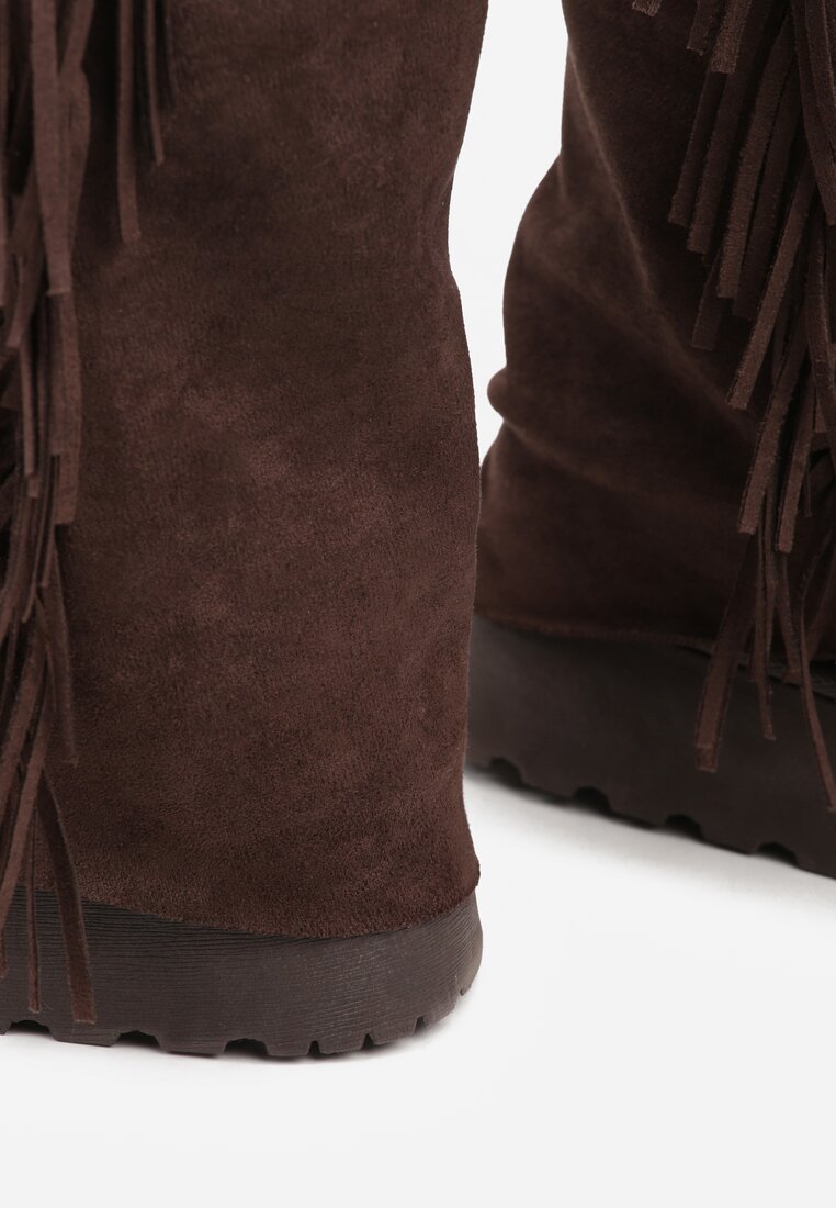 Brązowe Botki Śniegowce z Wywiniętą Cholewką Zdobioną Frędzlami Sewela