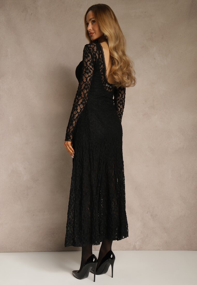 Czarna Elegancka Sukienka z Koronki z Odkrytymi Plecami Lilafera