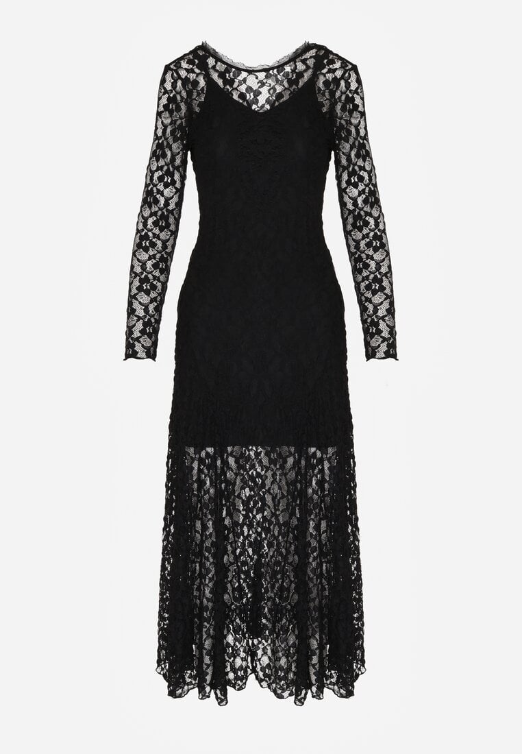 Czarna Elegancka Sukienka z Koronki z Odkrytymi Plecami Lilafera