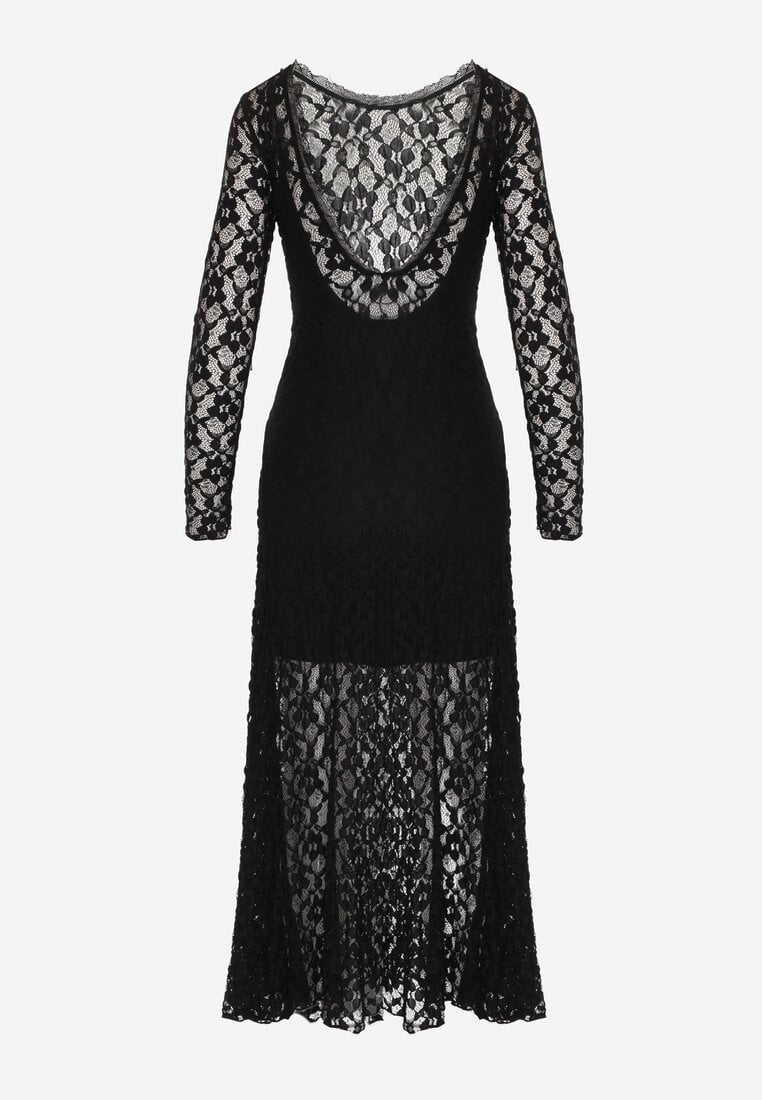 Czarna Elegancka Sukienka z Koronki z Odkrytymi Plecami Lilafera