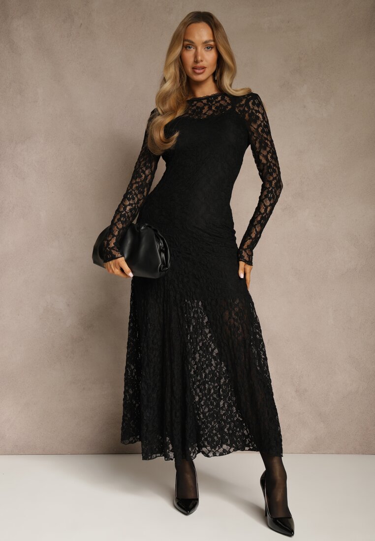 Czarna Elegancka Sukienka z Koronki z Odkrytymi Plecami Lilafera