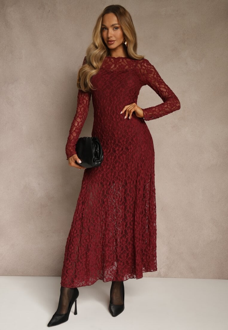 Bordowa Elegancka Sukienka z Koronki z Odkrytymi Plecami Lilafera