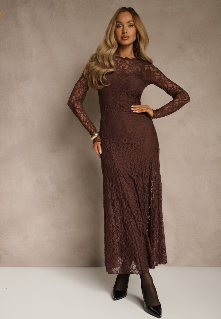 Brązowa Elegancka Sukienka z Koronki z Odkrytymi Plecami Lilafera