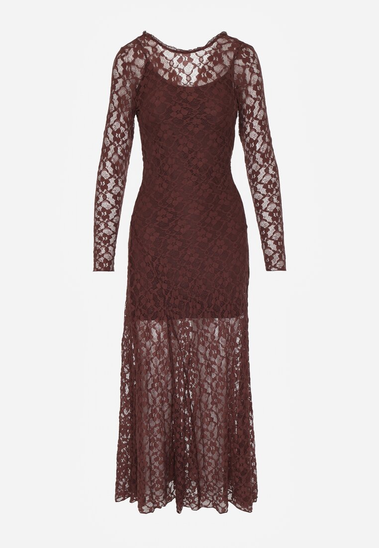 Brązowa Elegancka Sukienka z Koronki z Odkrytymi Plecami Lilafera