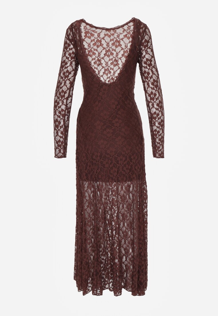 Brązowa Elegancka Sukienka z Koronki z Odkrytymi Plecami Lilafera