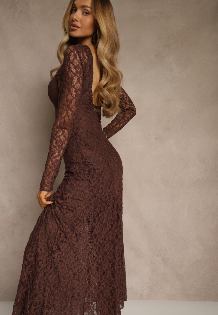 Brązowa Elegancka Sukienka z Koronki z Odkrytymi Plecami Lilafera
