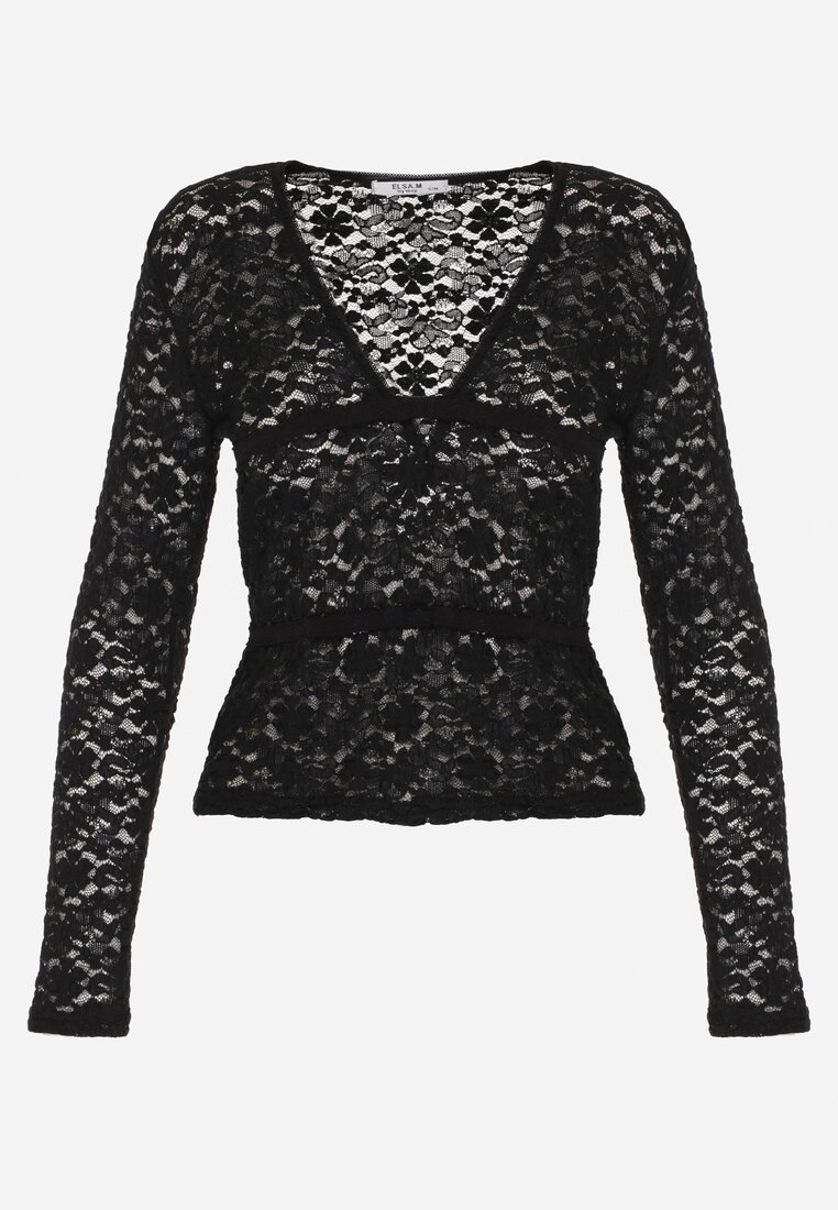 Czarna Bluzka Longsleeve z Koronki z Dekoltem w Kształcie Litery V Lerafera