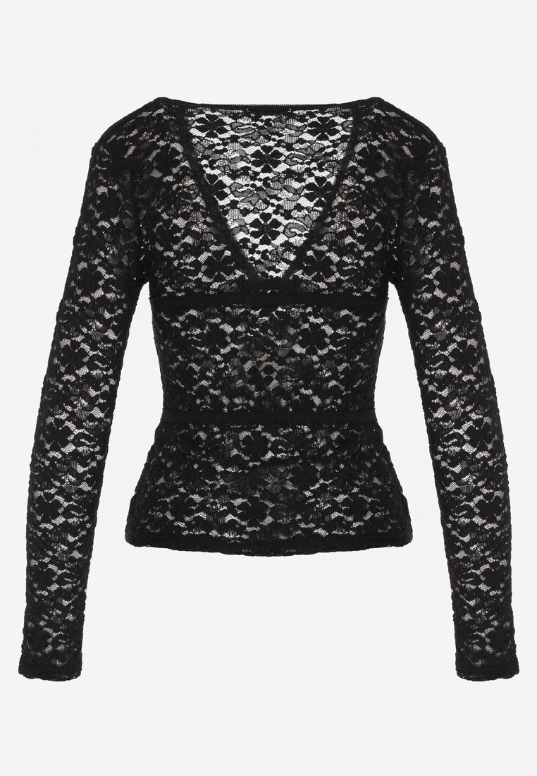 Czarna Bluzka Longsleeve z Koronki z Dekoltem w Kształcie Litery V Lerafera