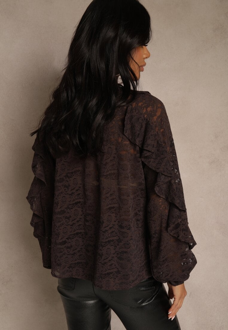 Brązowa Koronkowa Bluzka z Falbankami Sewrana