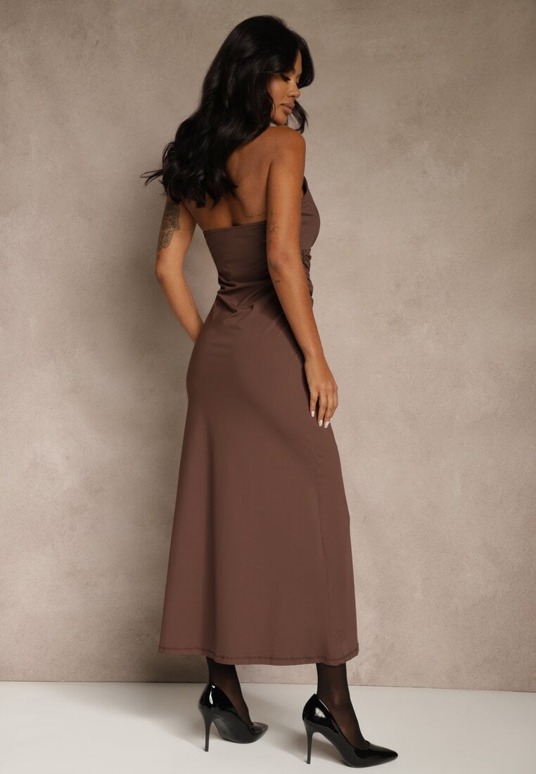 Brązowa Wieczorowa Sukienka Halter z Odkrytymi Plecami Sewsara