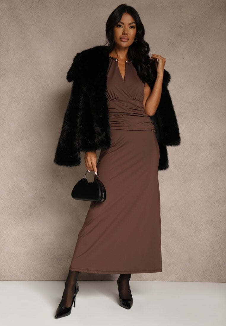 Brązowa Wieczorowa Sukienka Halter z Odkrytymi Plecami Sewsara