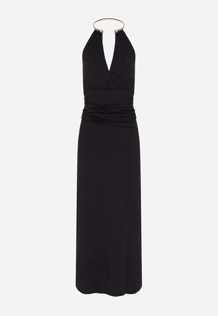 Czarna Wieczorowa Sukienka Halter z Odkrytymi Plecami Sewsara